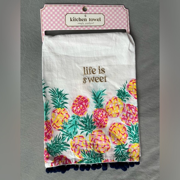 NWT Simply Southern Sweet Pineapple Embroidered Kitchen Tea Towel Pink Yellow - Picture 6 of 9